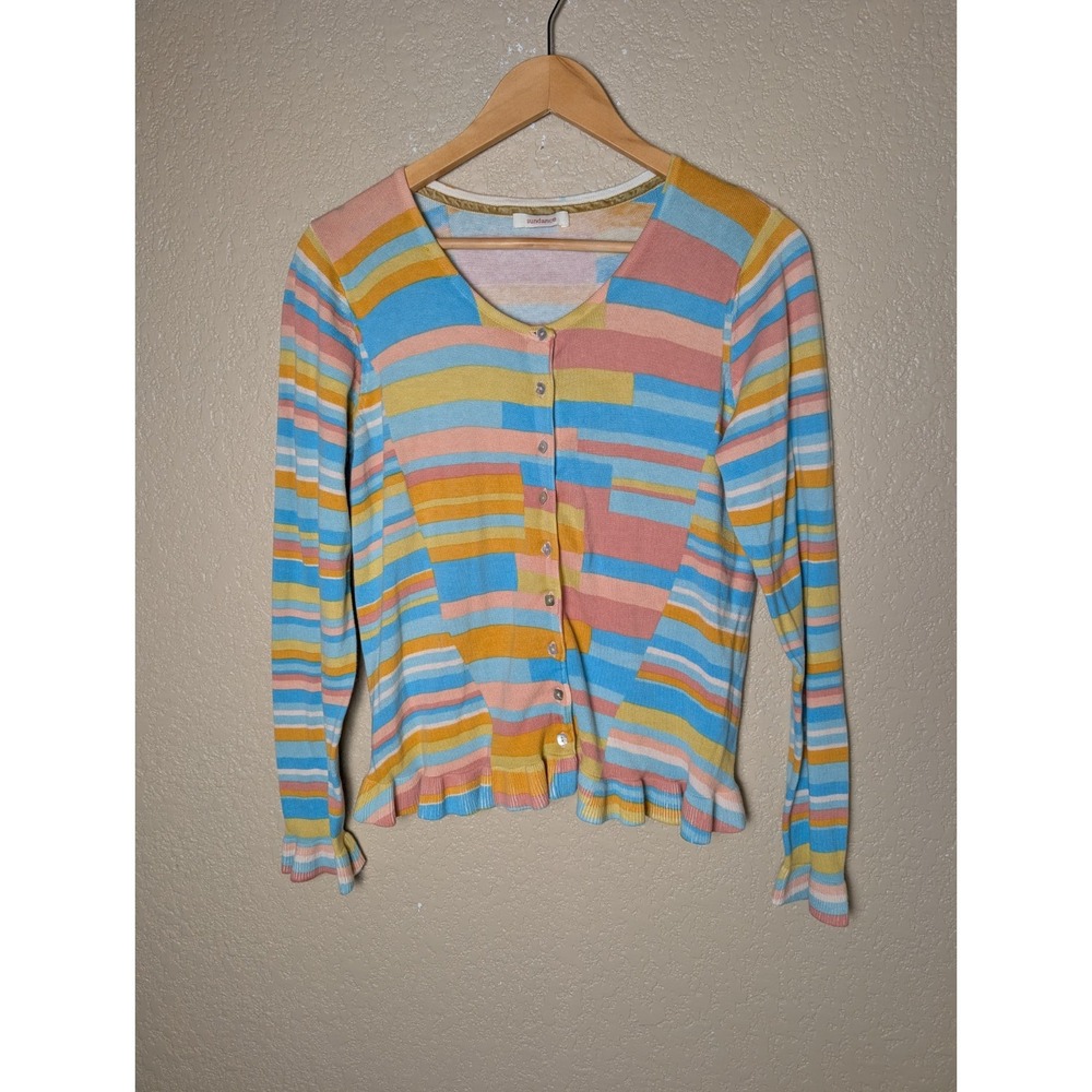 Sundance Cardigan Boho Sz S/M  Colorful Stripes Ruffles Pearlized Buttons Retro